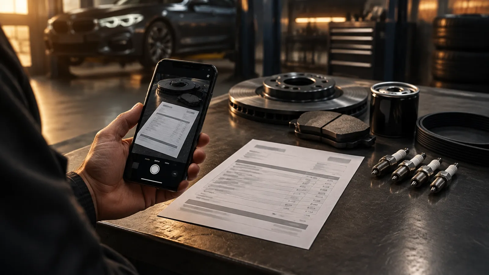 A hand holding a phone over a supplier invoice to photograph it, beside brake discs and other parts on a workbench