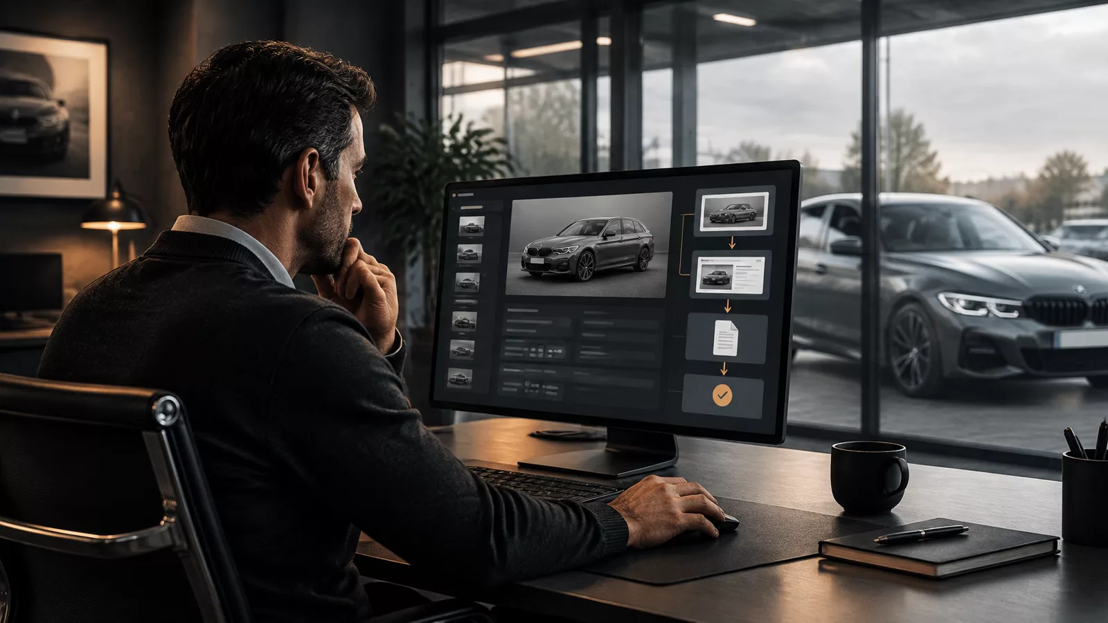 A dealer reviewing vehicle information at a desk with a car visible in the background
