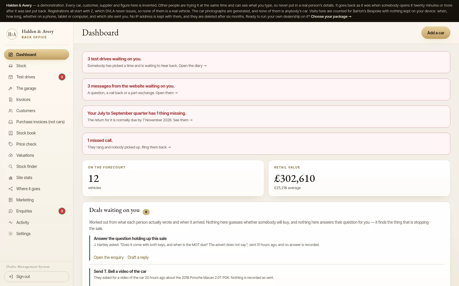 The dashboard of the Barton’s Bespoke back office, with test drives, website messages, the VAT quarter and a missed call waiting