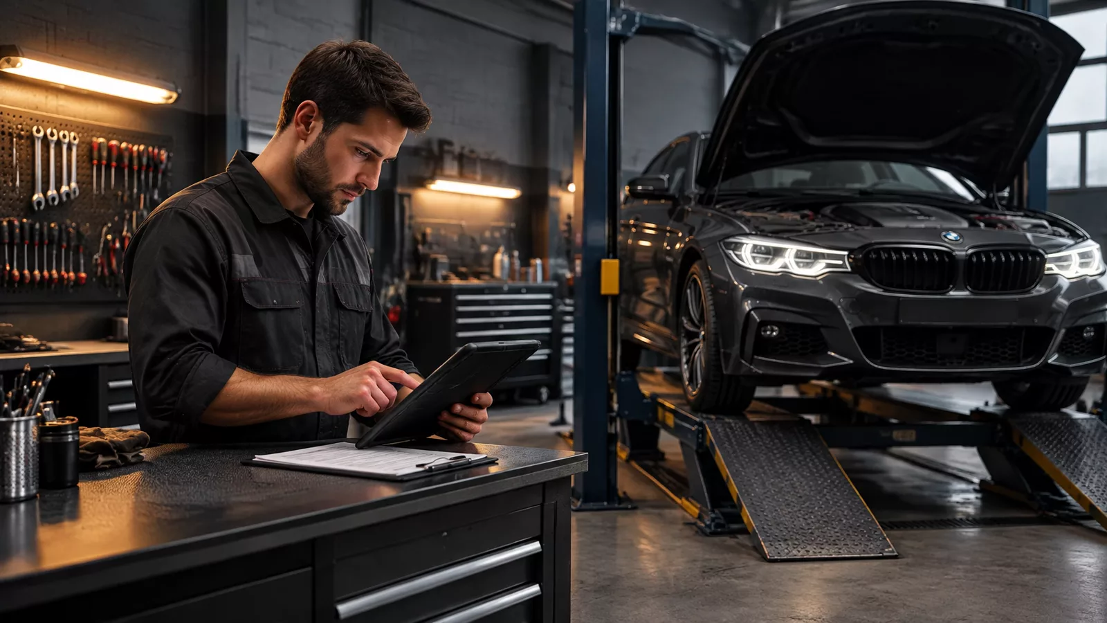 A tidy independent workshop with a car on a ramp and a technician reviewing a job card