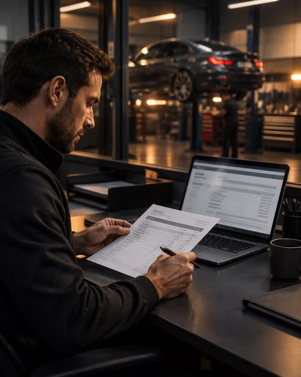 Workshop controller comparing a paper invoice with a draft purchase form on a laptop