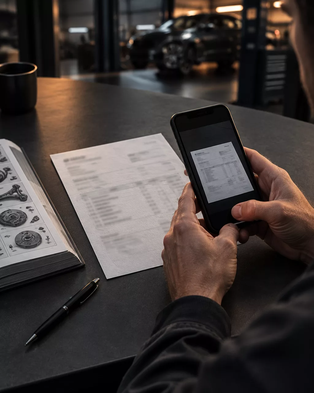 Close view of a workshop controller photographing a paper parts invoice with a smartphone