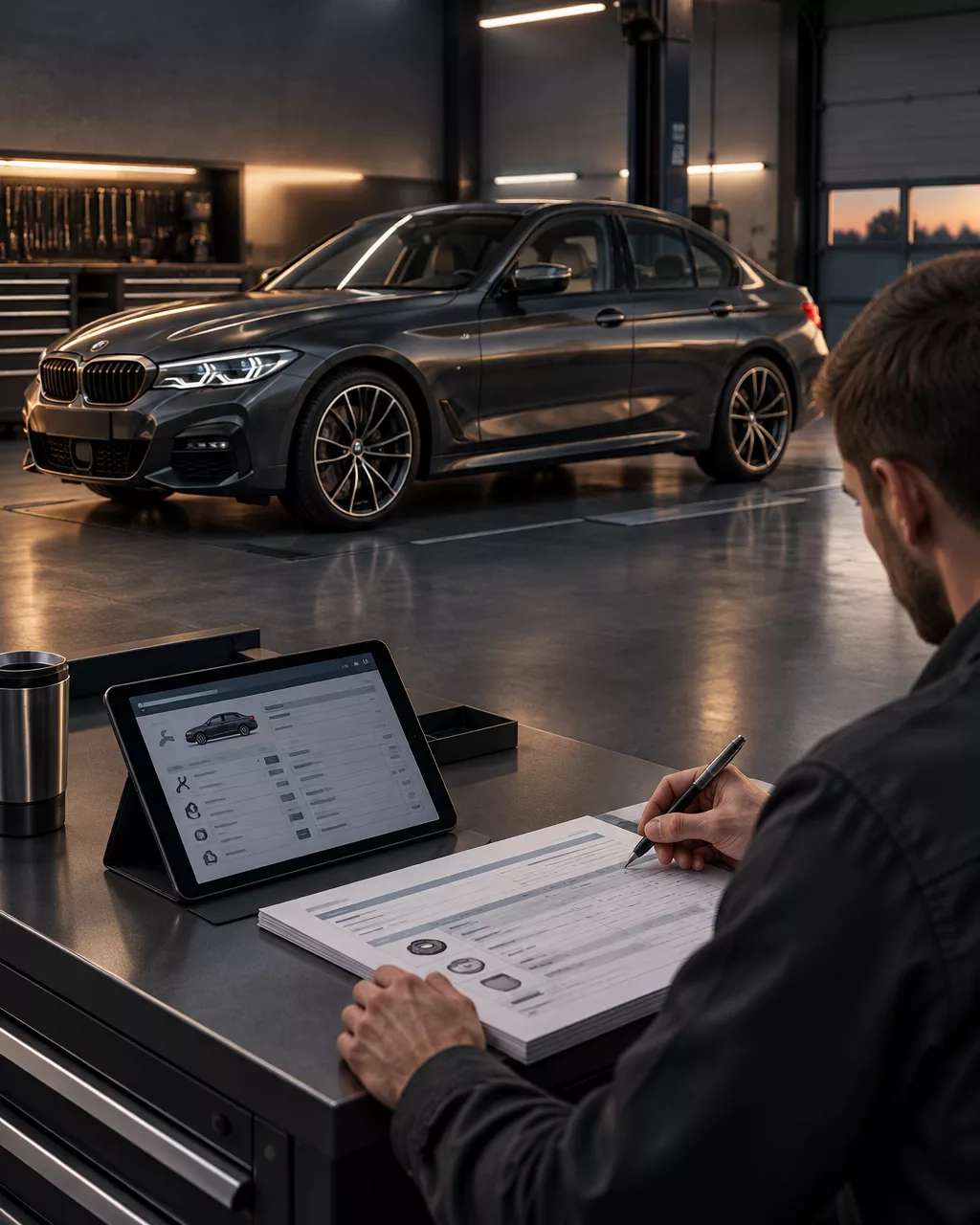 Dark car in a service bay with workshop controller recording costs at a workstation