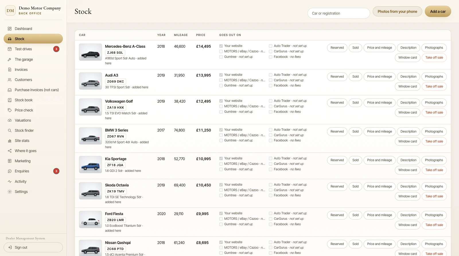 A dealer’s stock list: each car with its year, mileage, price and a tick for each place it goes out on