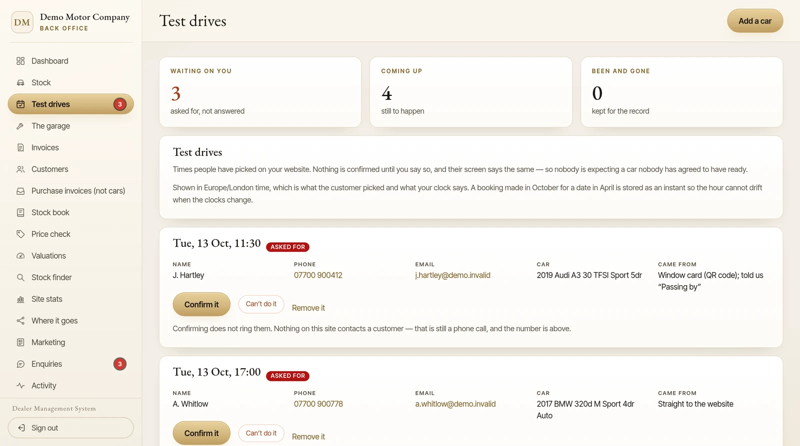 A list of test drive requests, each with the customer, the car and where they came from, and buttons to confirm it or turn it down