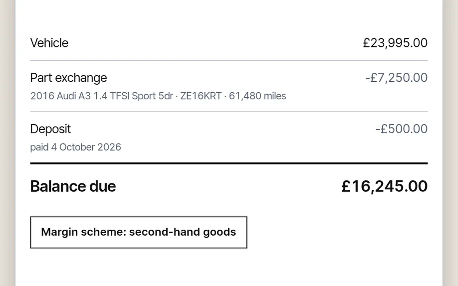A sale invoice: the vehicle, a part exchange and a deposit taken off, the balance due, and the margin scheme box
