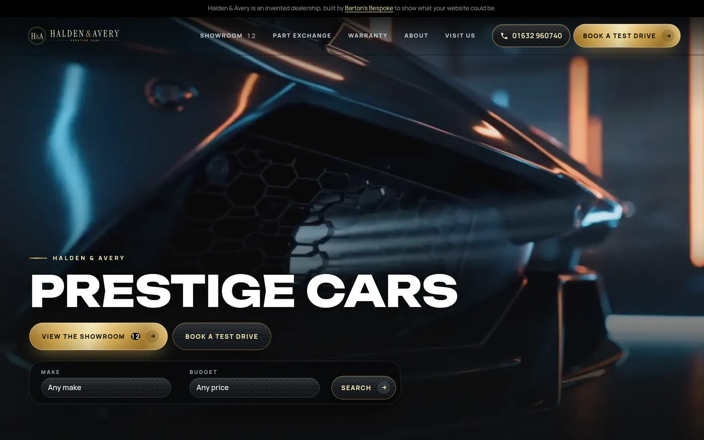 The opening of Halden & Avery’s website, our invented dealership, in our Carbon design: a generated close-up of a car’s grille, Halden & Avery’s monogram, Prestige cars, buttons to view the showroom and book a test drive, and a search by make and budget