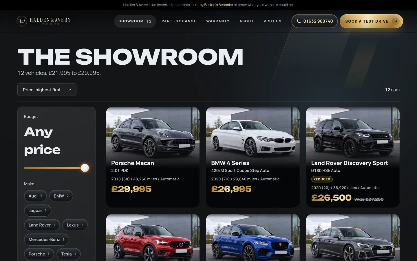 Halden & Avery, our invented dealership, in our Carbon design: its showroom of twelve cars from £21,995 to £29,995, sorted by price, highest first, with a panel to narrow them by budget and make